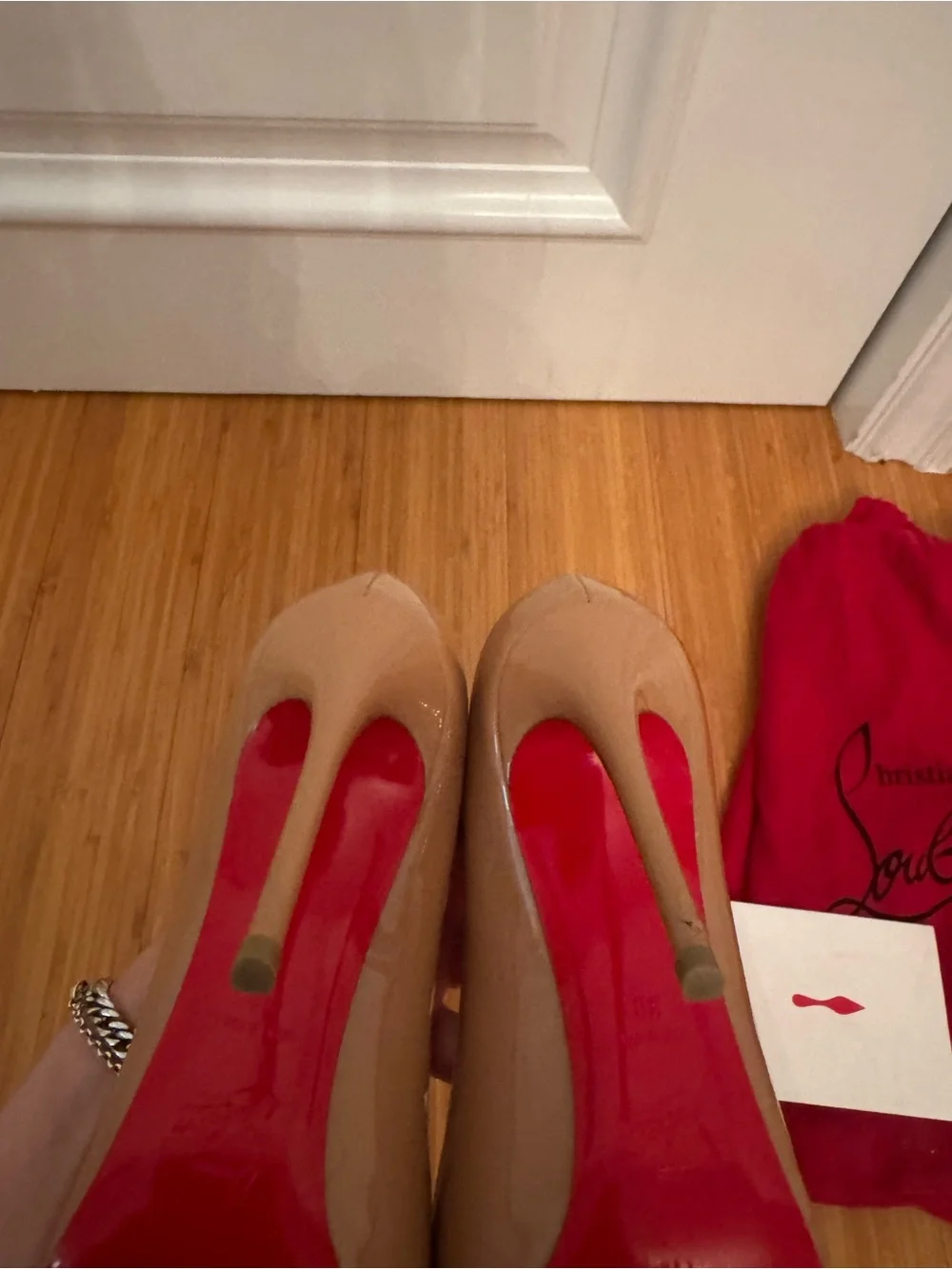 Christian Louboutin Blush Patent Pointed-Toe Stiletto with Red Sole